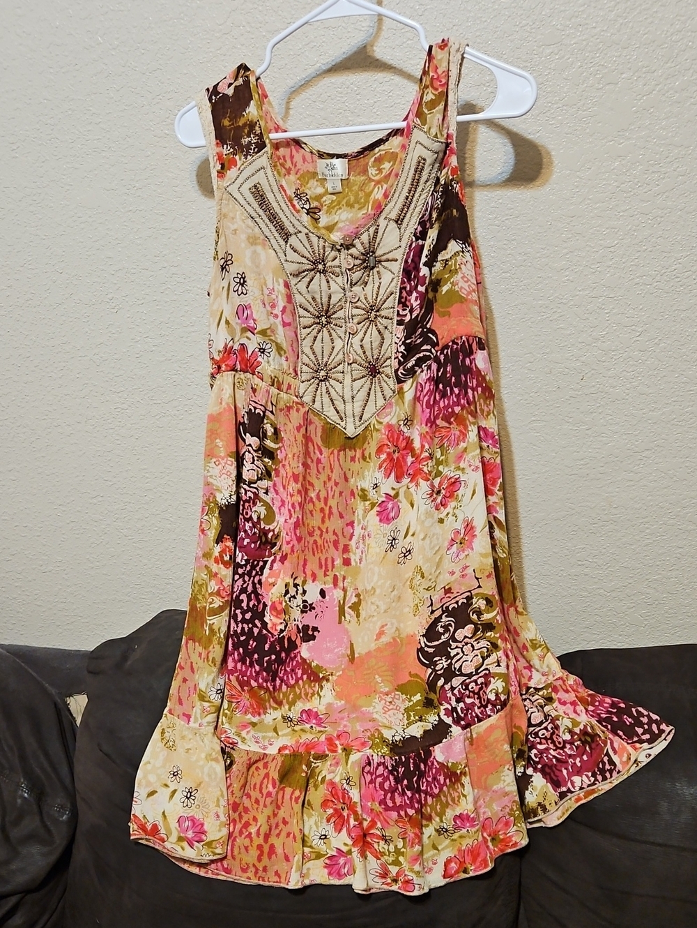 Sleeveless Floral Midi Dress with Embroidered Yoke - Pink Multi